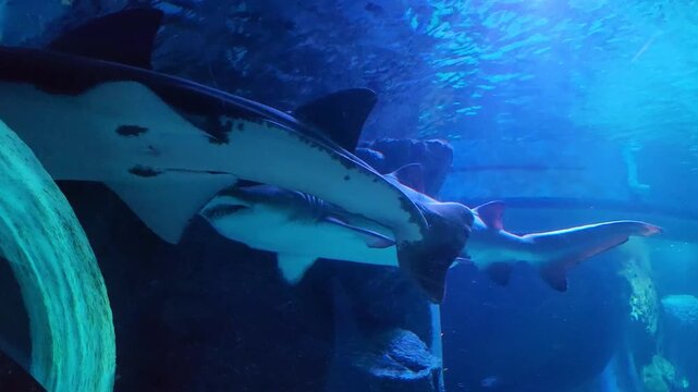 Sawfish, also known as carpenter shark swimming in an aquarium. Close view.