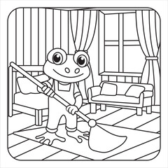 Cartoon Frog Cleaning with a Mop