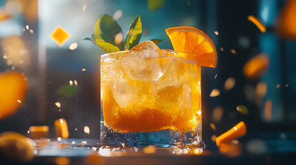 Close up of a cocktail with ice orange slice and mint with orange pieces floating around it