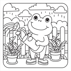 Cartoon Frog Watering Plants Coloring Page