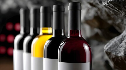 Assortment of fine wine bottles in a cellar setting
