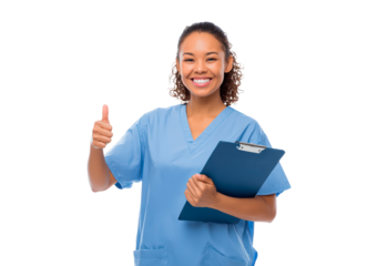 Smiling woman nurse holding clipboard showing thumbs up