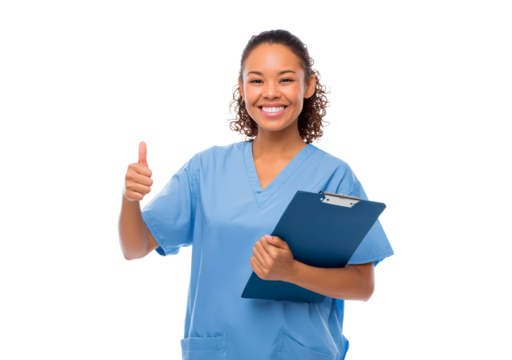 Smiling woman nurse holding clipboard showing thumbs up
