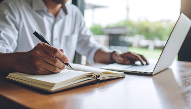 A person diligently working at a wooden desk, taking notes in a notebook while using a laptop computer.