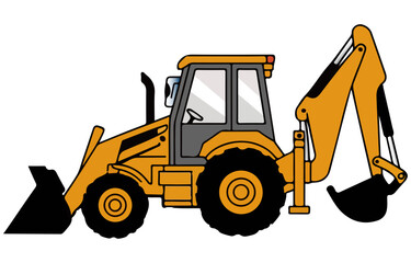 Yellow Excavator with Bulldozer Vehicle Illustration Isolated on White Background – Heavy Construction Machinery and Industrial Equipment Design.