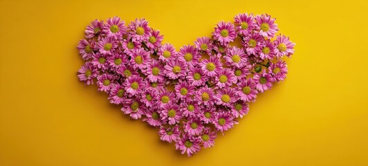 The heart of pink daisy flowers on a vibrant yellow background for romance
