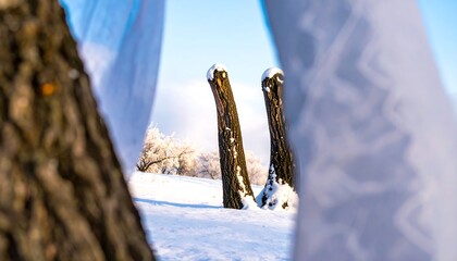 Snow-covered tree stumps stand out against a winter landscape, softly veiled by translucent fabric.