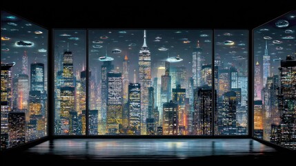 Night city view from a futuristic room