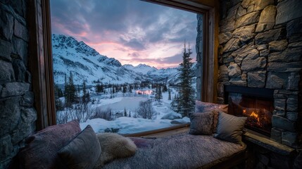 Cozy cabin window seat, mountain views at dawn