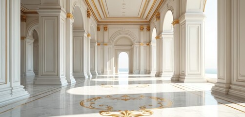 Luxurious opulent room with high ceiling large windows. Gold accents chandelier crown molding. Plush carpet pristine white walls create cleanliness simplicity. Meticulously arranged elements