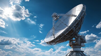 Awesome photo of large satellite dish antenna poised to transmit signals into space under clear blue sky with scattered clouds.