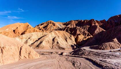 Fototapeta premium Strikingly colored, sculpted hills of a desert landscape, bathed in sunlight, create a vibrant, awe-inspiring view.
