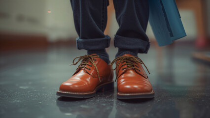 Young boy's freshly polished leather shoes on his first day of school.