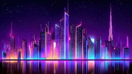 Urban nightscape with illuminated buildings reflected, perfect for travel advertisement or blog