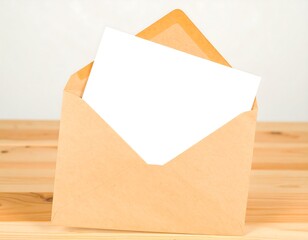 Beige envelope with blank white paper inside on a wooden surface