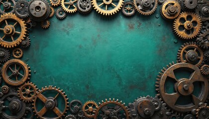 Vibrant clock gear design on green background. Complex machinery with interlocking gears and cogs in rich brown color. Symmetrical circular pattern, contrasting with deep green background.