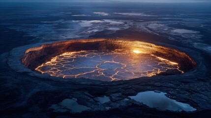 Fototapeta premium Volcanic crater glowing with lava at twilight