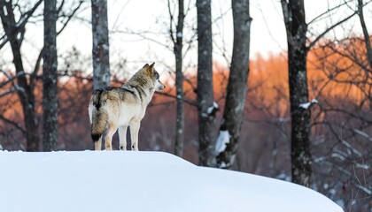A gray wolf stands alert on a snowy hilltop, gazing out at a winter forest bathed in warm sunset hues.
