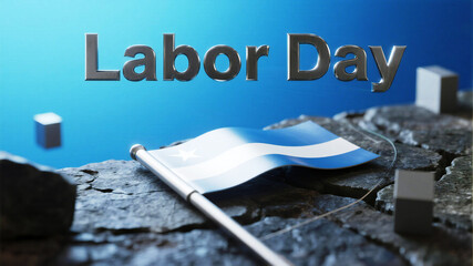Labor Day celebration with a blue and white flag waving proudly, perfect for holiday greetings and patriotic themes, honoring workers with a vibrant festive display, 3D render