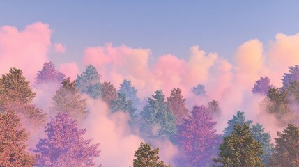 Fototapeta premium Misty forest landscape with pastel clouds