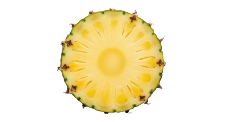 Slice of yellow pineapple with green rind and brown spiky crown fruit on image
