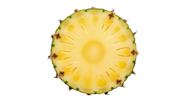 Slice of yellow pineapple with green rind and brown spiky crown fruit on image