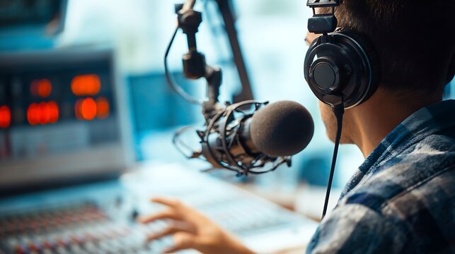 Radio Host On Air: A broadcaster with headphones speaks into a microphone in a studio Radio broadcasting is an integral part of media