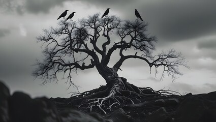 A haunting black and white cinematic tree with twisted branches and roots silhouetted against a cloudy sky in dramatic contrast.