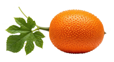 Spiky orange Gac fruit with green leaf and stem on background thorny