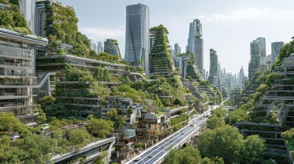 Obraz premium Ecological city of future Buildings with greenery. Futuristic skyline in background