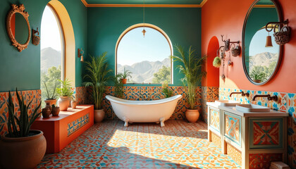 Luxurious bathroom features large bathtub on white marble floor, walls. Vibrant green paint on walls, patterned tile on floor. Large mirror spans room, reflecting opulence. Natural light floods space