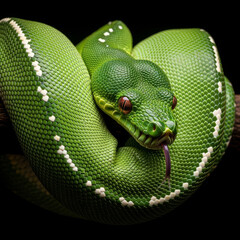 Fototapeta premium AI-generated image of a green tree python coiled around a branch, its scales marked with a distinct row of white diamond-shaped patterns running along the body.