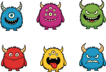 Cute cartoon monsters with different colors, eyes, and expressions – funny furry creatures with horns, teeth, and emotions for kids.