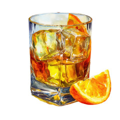 A glass of amber drink with ice and orange slice