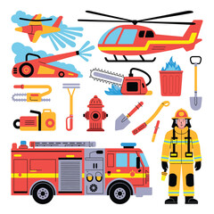 Collection of cartoon fire fighting equipment and emergency vehicles