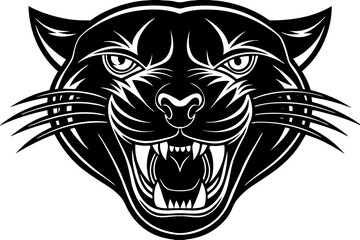 High-quality vector illustration of a fierce black panther head mascot logo. The aggressive roaring wild cat design features sharp fangs