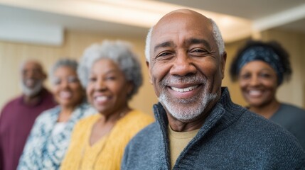 A cheerful group of senior adults smiling together in a warm indoor environment, showcasing friendship and community spirit.