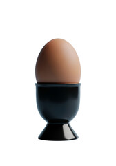 A single brown egg sits upright in a sleek black egg cup set against a soft pale blue background. Simple and elegant, perfect for food-related themes.