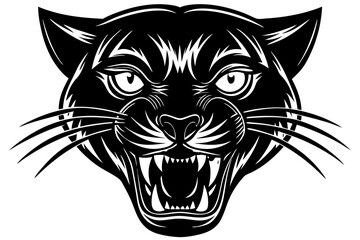High-quality vector illustration of a fierce black panther head mascot logo. The aggressive roaring wild cat design features sharp fangs