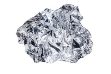 Crumpled sheet of metallic foil, exhibiting a complex pattern of folds and creases.  The material's surface reflects light, creating subtle highlights and shadows