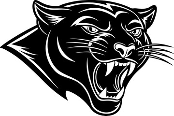 High-quality vector illustration of a fierce black panther head mascot logo. The aggressive roaring wild cat design features sharp fangs