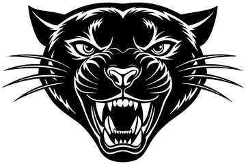 High-quality vector illustration of a fierce black panther head mascot logo. The aggressive roaring wild cat design features sharp fangs