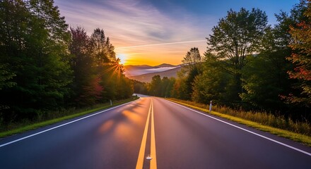Scenic Road Winding Through Forest at Golden Hour Sunset.