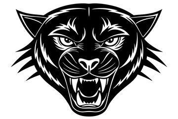 High-quality vector illustration of a fierce black panther head mascot logo. The aggressive roaring wild cat design features sharp fangs