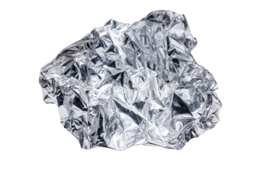 Crumpled sheet of metallic foil, exhibiting a complex pattern of folds and creases.  The material's surface reflects light, creating subtle highlights and shadows