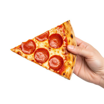 Slice of pepperoni pizza in hand isolated on white. Top view on paperoni pizza. Concept for italian food, street food, fast food, quick bite
