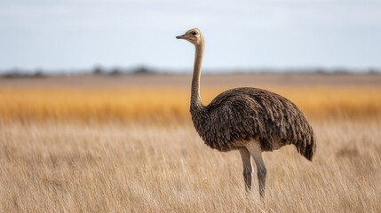 A solitary ostrich stands gracefully in a golden grassland under a clear sky, showcasing its unique features and natural habitat.