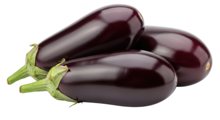Three glossy dark purple eggplants with green stems on background aubergine vegetable