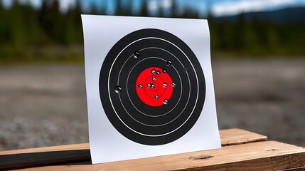 Shooting practice at a paper target on a wooden stand.