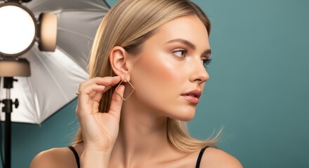 Young caucasian female model adjusting geometric earring in studio setting